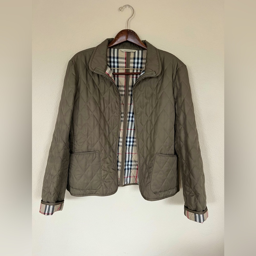Burberry London Olive Quilted Zip Up Jacket, Large